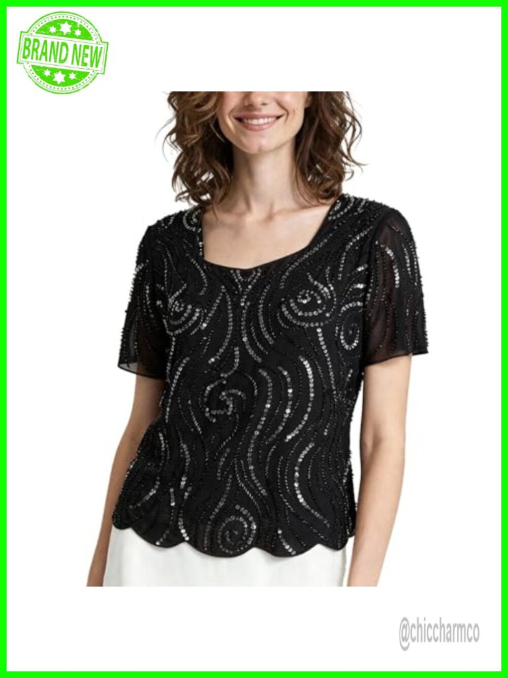 Beaded Sequin Tunic Top Boat Neck Short Sleeve Party Blouse